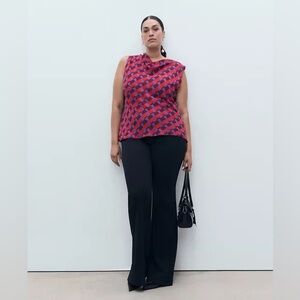 NEW Mango Draped Collar Cowl Printed Blouse Purple Blue Sleeveless US 14 NWT